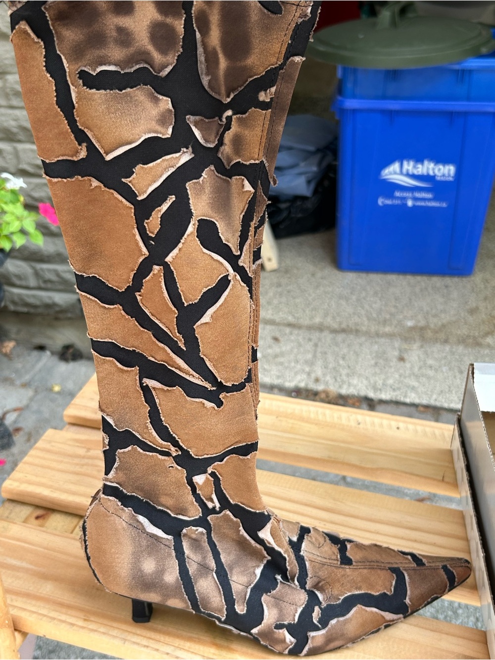 Brown & Black Patterned Knee-High Kitten Heel Boots